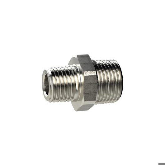 Doppelgewindenippel konisch R 1 1/2 a. auf R 3/4 a. - SW 50 - Messing vernickelt